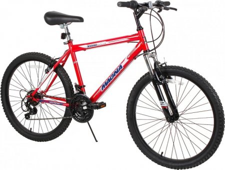 Dynacraft Magna Front Shock Mountain Bike Boys, Girls, Mens and Womens 24 and 26 Inch Wheels with 18 Speed Grip Shifter and Dual Handbrakes in Red, Purple, Pink and Black